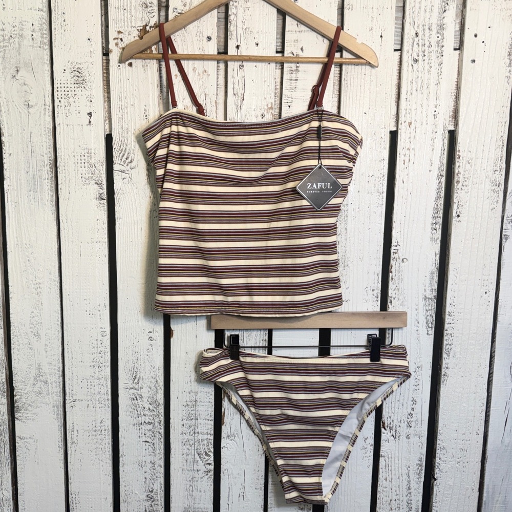 Zaful Striped Ribbed Bandeau Bikini Set Women L Multi Color Retro Boho Festival